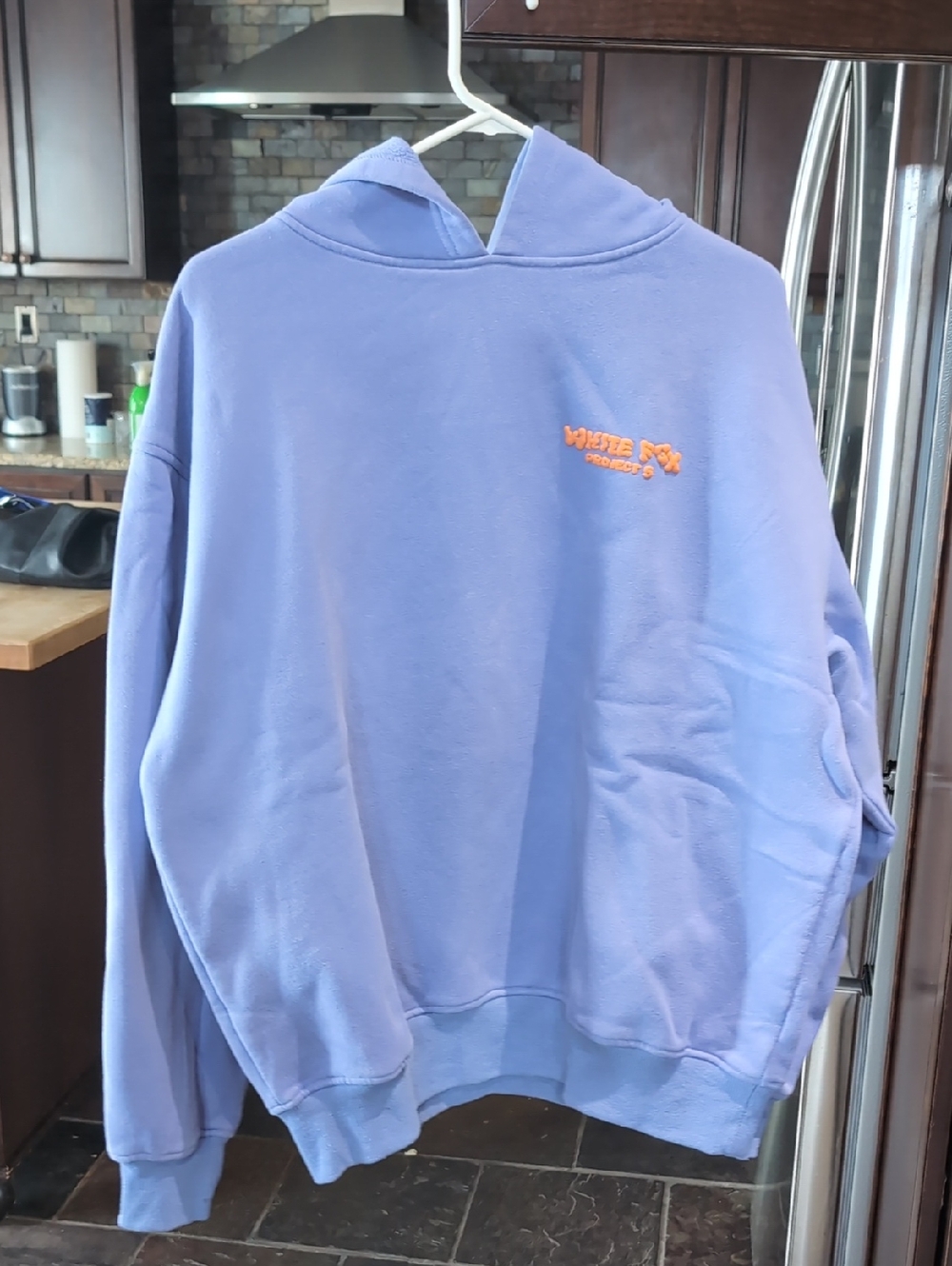White Fox Project 5 Lavender Hoodie with Orange Puff Writing